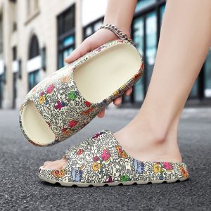 Slides for Men Cute Cartoon Print Big Size 38-47 Thick Bottom Soft Ultralight Korean Style Casual Home Cheap Beach Slippers Black Beige Brown