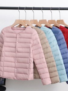 Lightweight Short Cotton Jacket Womens Inner Wear Close-Fitting Winter Coat Thin Collarless Autumn Winter Outerwear