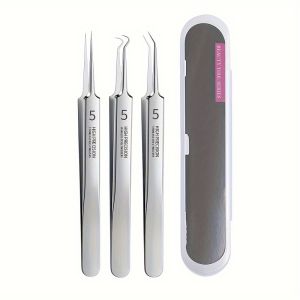 Bộ 3 Nhíp Bằng Thép Không Gỉ Có Hộp Đựng Siêu Sắc Bén Để Loại Bỏ Mụn Đầu Đen Và Làm Sạch Lỗ Chân Lông Trên Khuôn Mặt