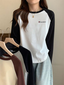 Champion Rainbow American Color Block Long Sleeve T-Shirt Womens Short Style Slim Fit round Neck Base Layer Top Spring Autumn Winter