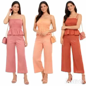 Elegant Women Summer Set - Ruffle Peplum Top & Wide-Leg Pants in Solid Colors HH