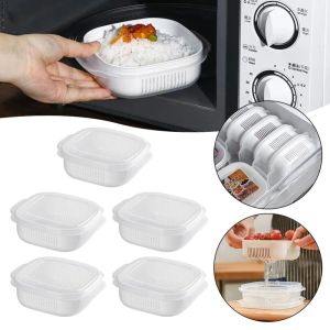 ZOOGGJZ สองชั้น Rices freshing BOX รักษาความสดใหม่ ตู้คอนเทนเนอร์ตู้เย็น กล่องจัดระเบียบผักผลไม้ แบบพกพาได้ ไมโครเวฟได้ ตะกร้าระบายน้ำ อุปกรณ์เสริมห้องครัว