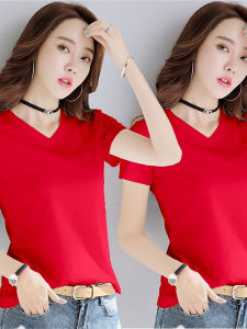 Loose Cotton V-Neck Short Sleeve T-Shirt Womens Summer New Style Red Korean Version Large Size Half Sleeve Top Commute