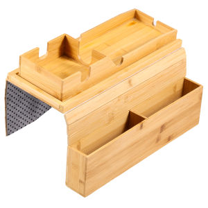 Bamboo Couch Cup Holder with Side Storage Pocket Anti-Slip Bamboo Sofa Armrest Tray Foldable Sofa Cup Holder for Cup Snack Drink