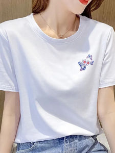 White Loose Short Sleeve Cotton T-Shirt Womens Summer Thin Pure Cotton Regular Shoulder round Neck INS Small Size Trendy