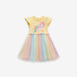 Pure Cotton Unicorn Princess Skirt for Children Short Sleeve Mesh Dress Summer Kids Clothing Short Sleeve Patchwork Dress