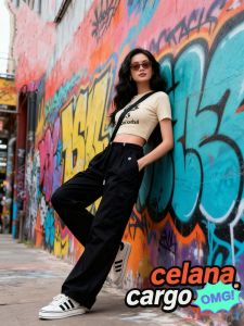 Celana Hitam Cargo Cewek Kekinian