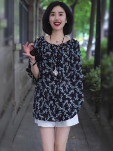 Summer 2025 New Fashion Floral Print Loose Short Sleeve One-Shoulder Womens Top Breathable Lightweight Anti-Ultraviolet