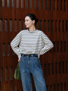 Slimming Effectiveness Classic Long Sleeve T-Shirt Color Woven Denim Mixed Cotton Wide Stripe Pattern Retro Style Casual Wear