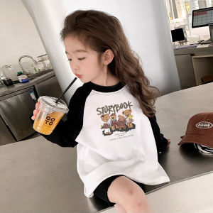 Girls Long Sleeve Cotton T-Shirt round Neck Loose Fit Cartoon Print Base Shirt Spring Summer Casual Wear for Little Girls