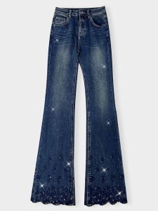 Elegant High Waist Embellished Lace Denim Pants Womens Fall 2025 Slimming Flared Jeans Commute Style Pure Color Everyday Wear