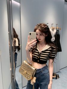 Summer Thin Short Sleeve Navy Collar Striped Knitwear Sweet And Spicy Style Slim Fit T-Shirt Casual Button up Female Top