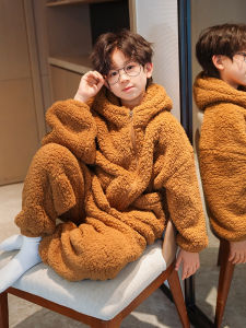 Thickened Coral Fleece Childrens Sleepwear Set for Boys Home Clothes Warm Winter Outfit 4-14 Years Old Kids Pajamas