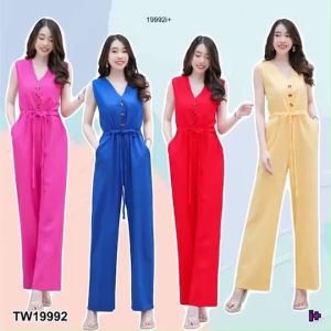 B19992  จั้มสูทคอวีแขนกุด มีกระเป๋าล้วงข้าง ทรงปล่อย TW16388