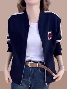 Short Baseball Jacket Womens Sporty Outerwear Midlife Moms Style Spring Autumn Trendy Zipper round Neck Long Sleeve Loose Fit