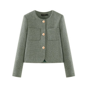 La Chapelle Grey Greenish Artistic Short Jacket Womens Elegant Outerwear Top Commute Style Regular Sleeve Long round Neck