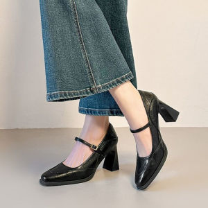 Womens Retro Square Toe Mary Jane Pumps - Shallow Cut One Strap Chunky Heel High Heels  Elegant Commuter Single Shoes