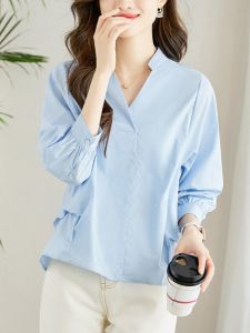 Blue Cotton Shirt Womens Spring New Style Loose Fit Interview Professional Design Korean Version Long Sleeve Square Collar