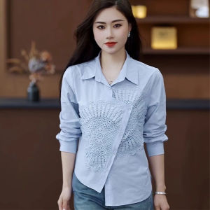 Fashionable Asymmetrical Design Long Sleeve Polo Collar Heavy Embroidery Casual Womens Shirt Spring Season Elegant Style