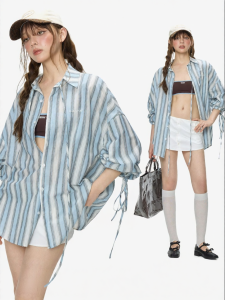 Turn Signal | Fashionable Stripe UV-Protection Long-sleeve Loose-fit Shirt for Women