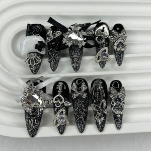 10PCS Jirai Y2K Black Long Tip Handmade Press On Nails Kawaii Cute Glitter Fake Nails 3D Bow Crown Love Planet Diamond Nail Art