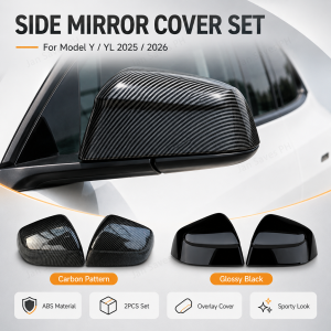 For Tesla Model Y YL 2025-2026 ABS Side Mirror Cover Caps Carbon Pattern Glossy Black 2PCS