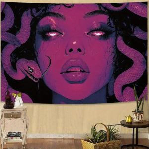 VIKAMA Tím Medusa Rắn Cô Gái Tấm Thảm Đậm Gothic Ảo Giác Treo Tường Cho Phòng Ngủ Ký Túc Xá Thể Thao Điện Tử Trang Trí Sợi Polyester