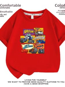 Summer Kids T-Shirt Boys Monster Fire Truck Short Sleeve Trendy Clothing Cartoon Print round Neck Sweat Absorbent Cotton Blend
