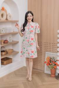 Mommade-เดรสให้นม ชุดให้นม Pink Flora Bow Dress