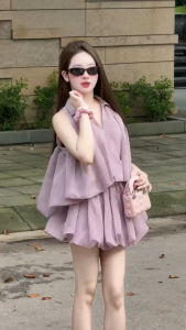 QC_ Set váy thiết kế đồ đi tiệc set Tơ 2 lớp áo sơ mi cổ bẻ cộc tay Tùng Bí kèm chân váy ngắn Bí