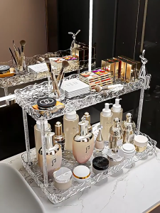 Transparent Double Layer Cosmetic Rack Acrylic Storage Organizer Skincare Storage Rack for Countertop