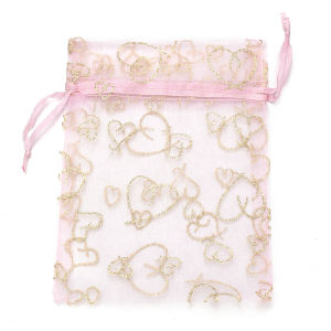 5pcs 10x14cm Drawstring Organza Bags Golden Heart Printed Jewelry Bag Christmas Wedding Party Candy Gift Packaging Bags Pouches