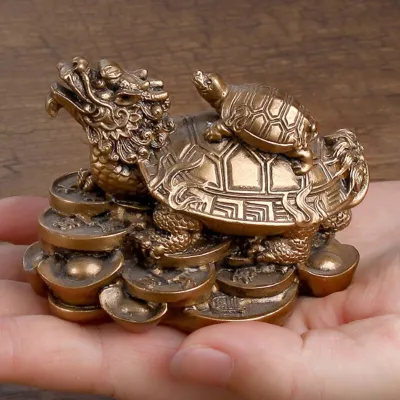 1 Resin Gold/bronze Feng Shui Dragon Turtle Statue Coin Wealth Home Desk Decoration Animal Jewelry