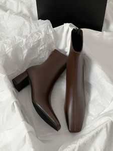 Browan Short Boots Womens High Heel Autumn Winter New Style Retro French Ankle Boot Thick Heel Back Zipper Elastic Square Head Slim Boot