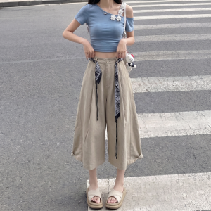 AIYITI | Vintage Style High Waist Lace-Up Loose Wide Leg Pants Three-Quarter Length
