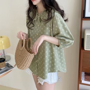 Purple doll neck shirt blouse top womens new korean sweet lace lantern sleeve fragmented flower 3/4 sleeve shirt