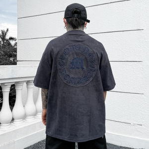 American Retro Streetwear Loose Fit Short Sleeve Mens Suede T-Shirt Breathable Youthful Casual Fashion Trendy Brand