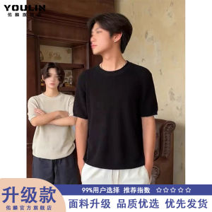 เสื้อยืดแขนสั้นผ้าฝ้ายลินินถักสไตล์อเมริกันสบายๆ สำหรับผู้ชายในช่วงฤดูร้อน เสื้อยืดคอตตอนระบายอากาศได้ดี ทรงหลวมสบายๆ