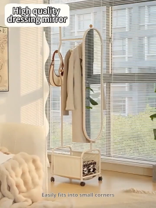 Freestanding Clothes Rack with Full-Length Mirror Rolling Garment Organizer with Storage Basket and Hooks for Bedroom