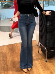 High Waist Flared Jeans Womens Elastic Slimming Vintage Blue Fashionable Hong Kong Style Floor-Length Pants Autumn New Arrival