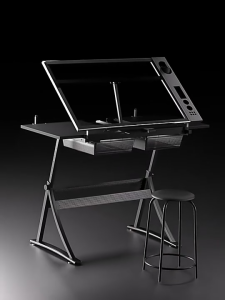 SAINTVILLA Drawing Glass Table Lift Drawing Desk with Extra Side Table Drawers and Leather Ottoman Adjustable Height Art Craft Drafting Table