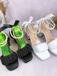 Giày cao gót đúp vuông 9p quai dún ren vòng cổ hạt châu cột ruy băng sau gót SD76