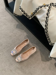 Square Head Rhinestone Buckle Single Shoes Womens 2025 New Spring Autumn Silk Satin High Heels Mary Janes Fashionable Womens Footwear