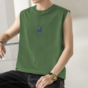Pure Cotton Tank Top Mens Summer Basketball Fitness Trend Deer Print Sleeveless T-Shirt Full Cotton Sports Shoulder Pad