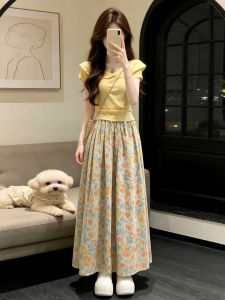 NIUVIES | Yellow Floral Long Dress for Petite Girls Summer