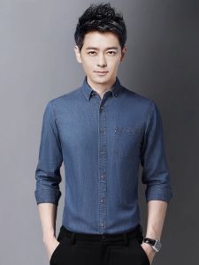 ROMON | Lormen Mens Long Sleeve Casual Cotton Denim Shirt Spring Autumn Style Iron Free Fashionable Workwear Jacket Youth Online Exclusive