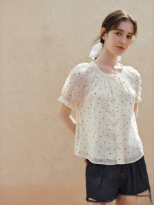INMAN | Linen and Lyocell Dots Puff Sleeve French Summer White Shirt