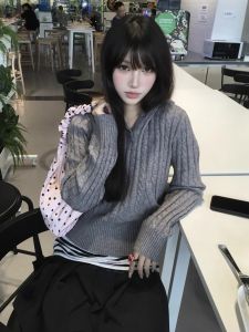 Gray Twisted Zipper Hooded Knitted Cardigan Womens Spring Autumn Short Loose Slimming Top Korean Style Soft Long Sleeve Sweater