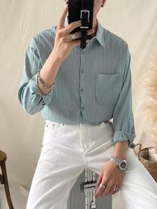 Textured Mens Casual Shirt Dark Stripes Sun Protection Loose Fit Polyester Fiber Long Sleeve Flip Collar Regular Length