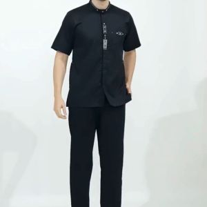 Baju Koko Muslim Pria Dewasa: Baju Taqwa Hemko Hitam Lengan Pendek Motif Simple Bordir Minimalis